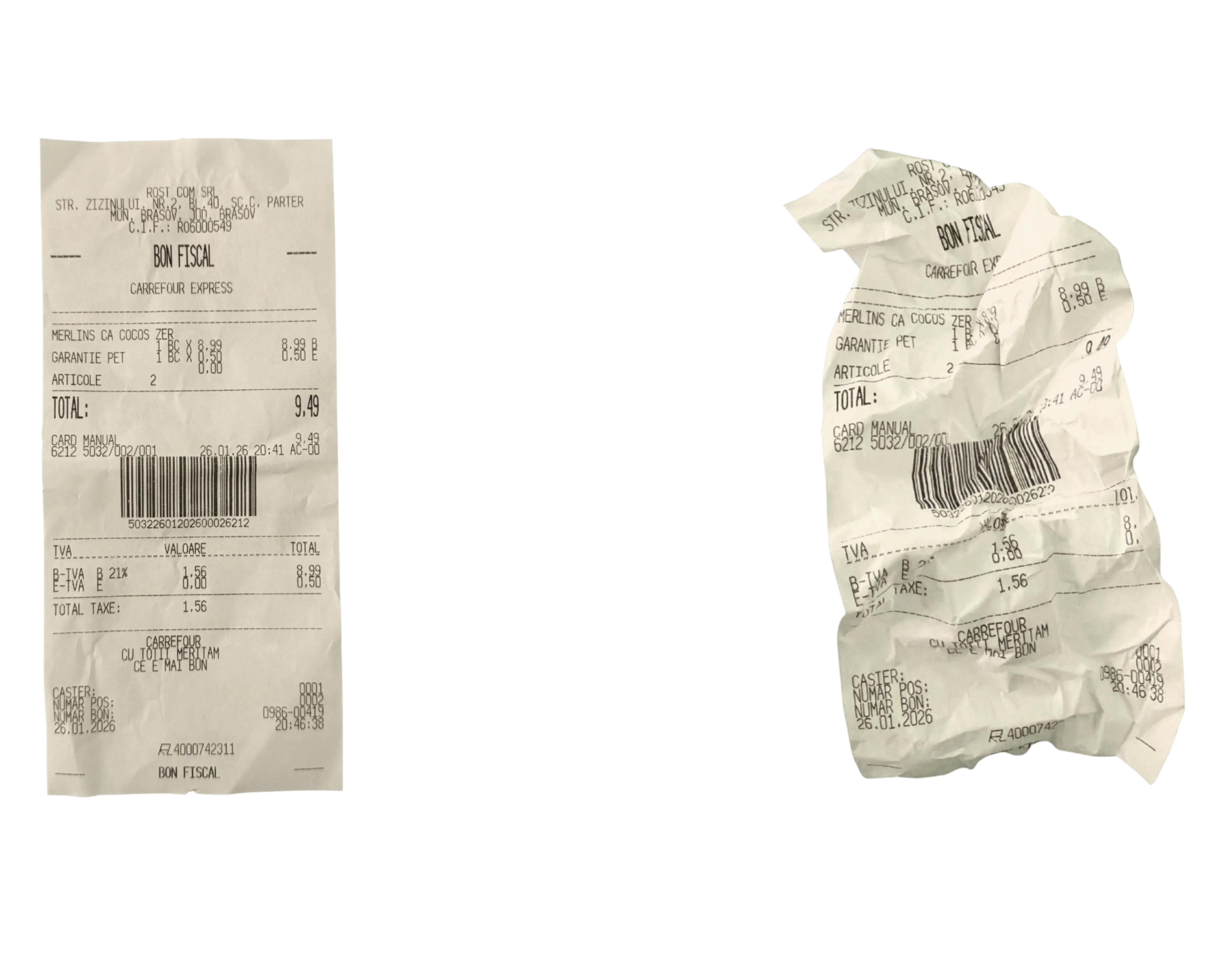 Crumbled and damaged receipts