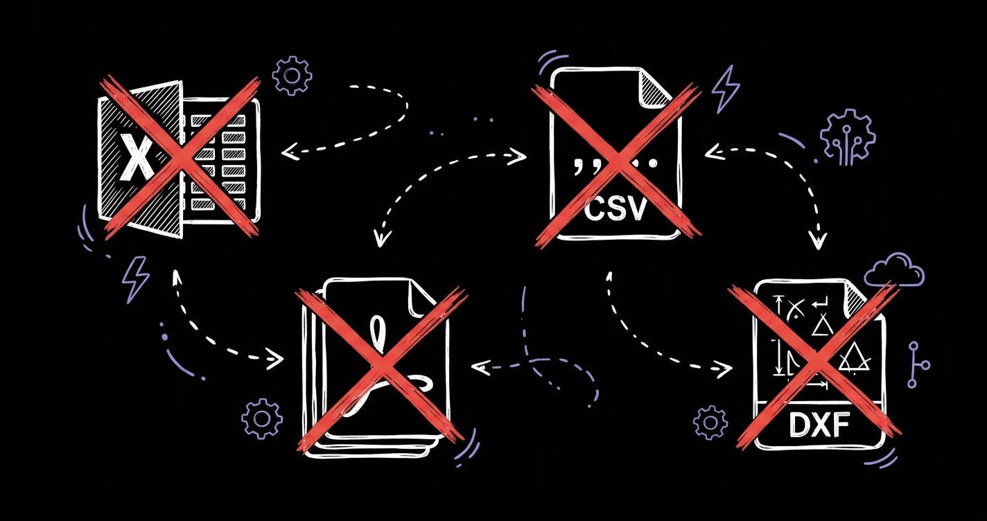Four disconnected data systems: Excel, CSV, PDF, and DXF with no interoperability